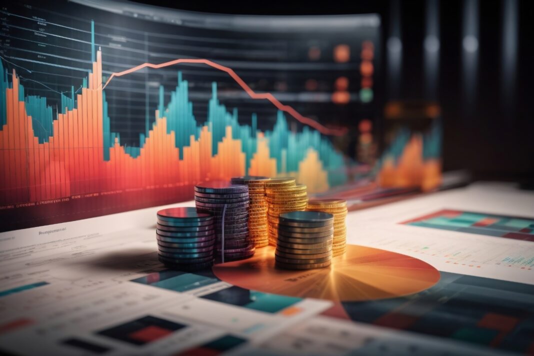 Moedas empilhadas com gráfico ao fundo